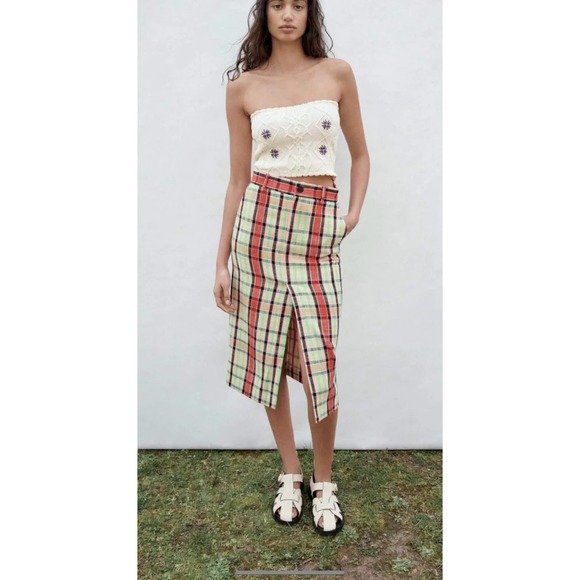 Zara EUC Structure Midi Tweed Checked Skirt Pencil Size S Pink Green - Picture 7 of 14